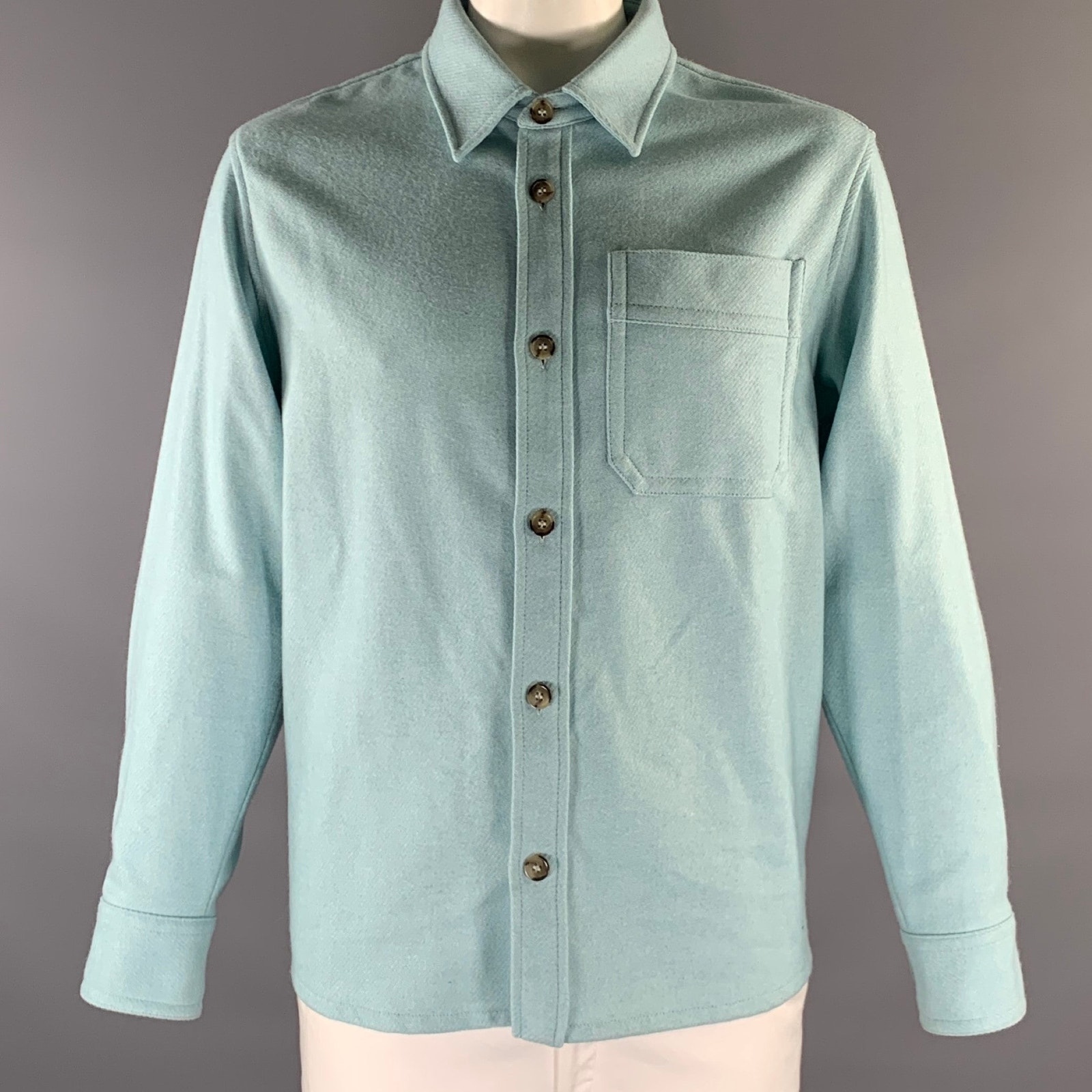 A.P.C. Size Xl Blue Contrast Stitch Wool Blend Flanel Long Sleeve Shirt